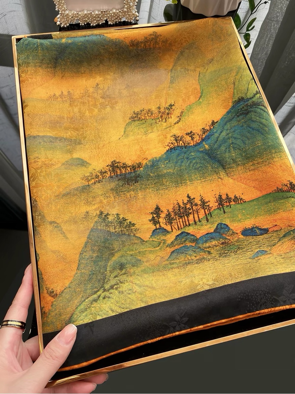 100% Silk Chinese Landscape Scarf – Double-Sided, 42.5” × 42.5”